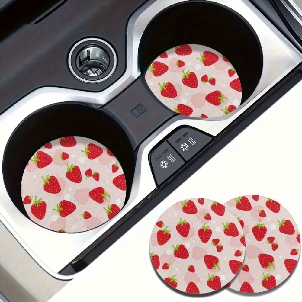 🦋 Strawberry Print Car Coasters - 2 Pack